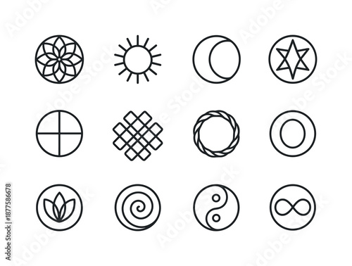 Sacred Circle Icon Set. Sacred circle. Line icon set of sacred circle: mandala ring, sun circle, moon circle, star circle, elemental circle, harmony knot,
