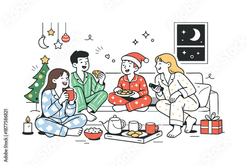 Cozy Pajama Party. Cozy holiday night. A relaxed pajama party scene with friends or family enjoying time together. Soft laughter, comfort, and festive calm