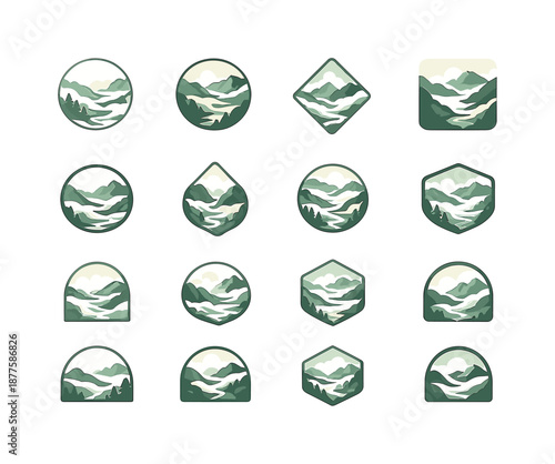 Quiet Valley Icons. Quiet Valley. Icon set. Set Logo of Quiet Valley: fog rolling through valley. harmonious logo variations of the same emblematic concept,