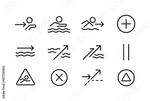 Swimmer Orientation Icons. Riptides. Line icon set of swimmer orientation markers: swim arrow, float symbol, swim parallel arrow, rest sign,