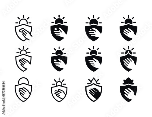 Sunscreen Icon Variations. Applying sunscreen. Icon set. Set Logo of applying sunscreen: UV protection shield. harmonious logo variations of the same