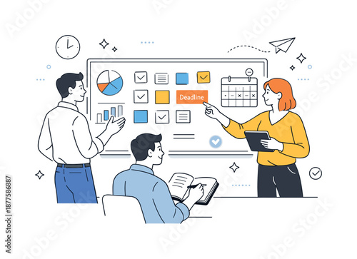 Organized Teamwork Planning. Planning workflow. Professionals looking at a board with tasks and simple charts, aligning steps and deadlines. Focused discussion