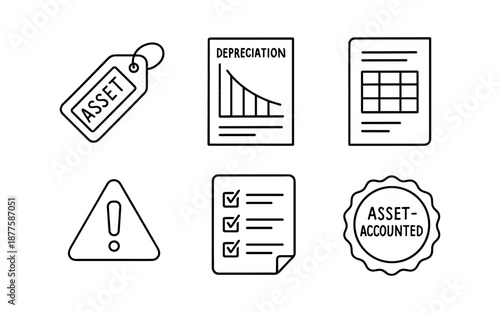Asset management icons: depreciation, checklist, warning, tag, badge in linear style