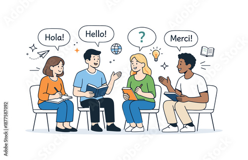 Language Learning Circle. Language learning group. People sitting together practicing a new language with notebooks and speech bubbles. Friendly interaction