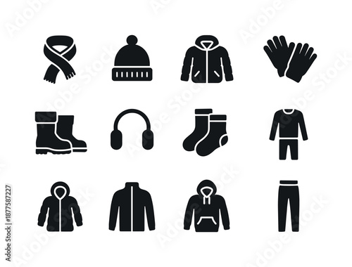 Winter Clothing Icons. Warm clothing. Solid icon set of Warm clothing: scarf wrap, wool hat, winter jacket, gloves, snow boots, earmuffs, cozy socks, thermal