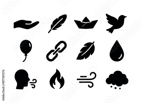 Letting Go Icons. Letting go. Solid icon set of letting go: open palm, floating feather, paper boat, released balloon, fly away bird, unlocked chain, falling