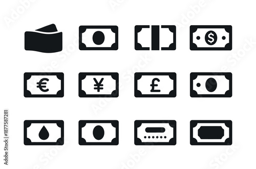Currency Icon Grid. Banknote icons. Solid icon set of banknote icons: folded bill, flat bill, bundle of bills, dollar note, euro note, yen note, pound note,
