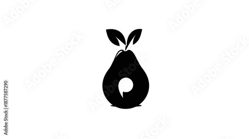 Black pear graphic with two leaves, and a circular shape inside. Clean, minimal design on white