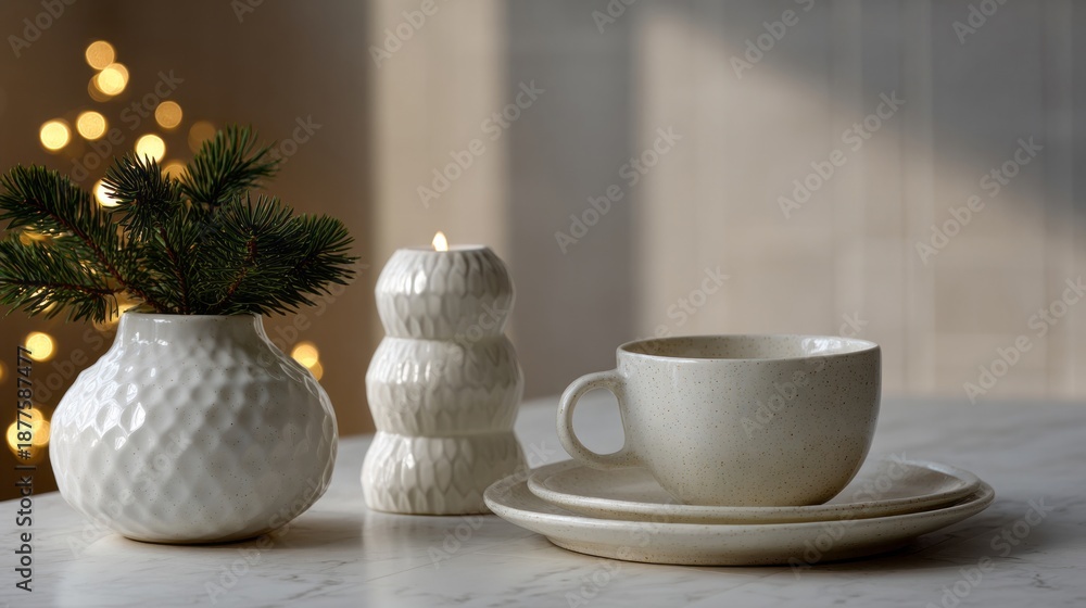 Fototapeta premium Cozy ceramic setup with candlelit glow and evergreen whispers, evoking winter solstice serenity and hygge tranquility