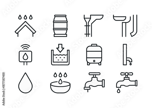 Rainwater Collection Icons. Rainwater Collection. Line icon set of Rainwater Collection: rooftop icon, water barrel, rain diverter, gutter line, downspout