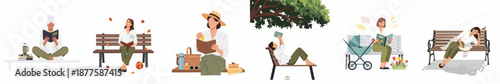 Women reading outdoors set illustration collection: leisure time, relaxation in the park, enjoying literature on benches and picnic blankets.