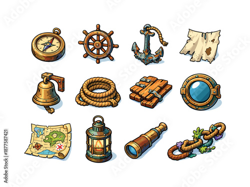Nautical Relics Icons. nautical relics. Colorful isometric vector icons set of nautical relics: old compass, weathered wheel, rusted anchor, torn sail piece,