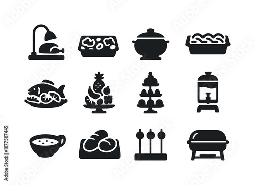Celebration Buffet Icons. Celebration buffet. Solid icon set of celebration buffet: carving station, salad tray, soup tureen, pasta tray, seafood platter,