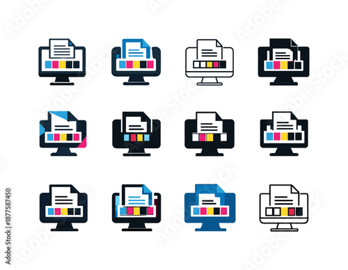 Print Logo Variations. Printing. Icon set. Set Logo of Printing: print preview screen. harmonious logo variations of the same emblematic concept, each with