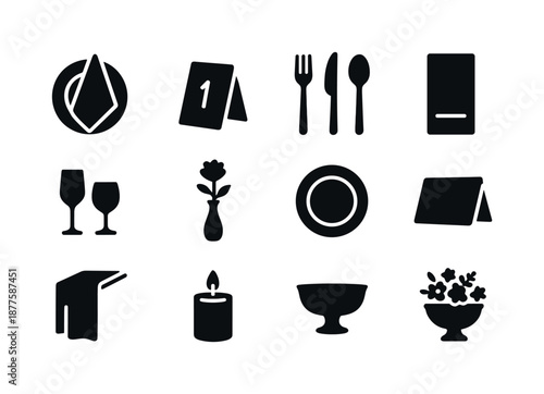 Wedding Table Icons. Wedding table styling. Solid icon set of wedding table styling: plate setting, napkin fold, table number sign, cutlery layout, menu card,