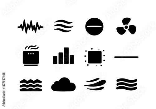 White Noise Icons Grid. White noise. Solid icon set of white noise: static wave, soft hiss, neutral hum, fan sound symbol, air purifier icon, low-frequency
