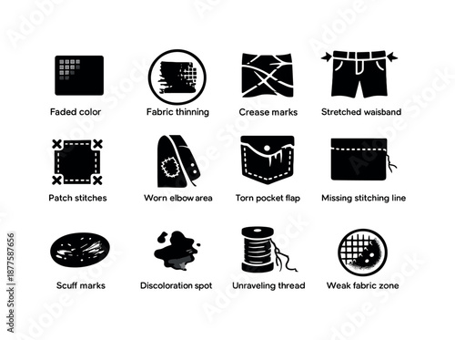 Wear-and-Tear Icons. Uniform wear-and-tear signs. Solid icon set of uniform wear-and-tear signs: faded color patch, fabric thinning, crease marks, stretched