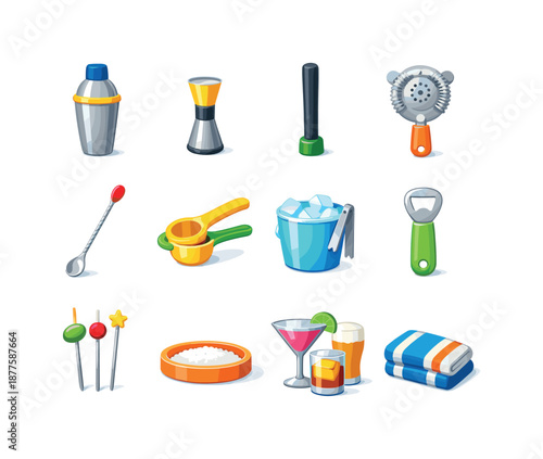 Bar Essentials Icons. Bar Essentials. Colorful flat vector icons set of Bar Essentials: cocktail shaker, jigger, muddler, strainer, bar spoon, citrus squeezer,