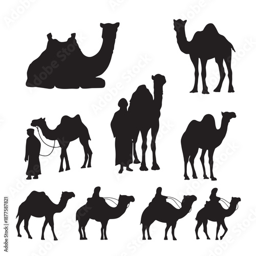 Camel silhouette set with desert nomad figures for Arabic landscape graphic design
