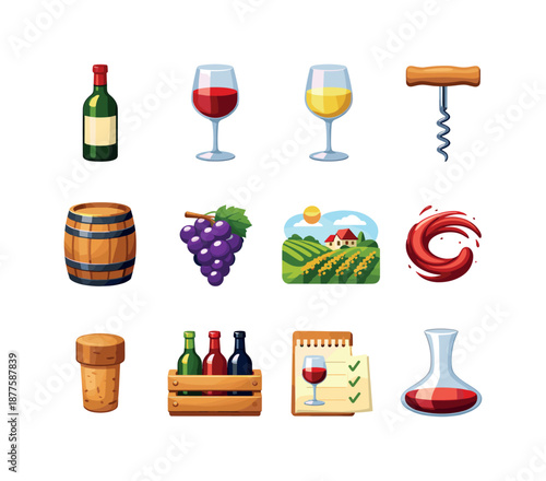 Wine Icon Set. Wine. Colorful flat vector icons set of wine: wine bottle, red wine glass, white wine glass, corkscrew, wooden barrel, grape cluster, vineyard