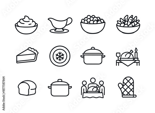 Holiday Dish Icons. Holiday dishes. Line icon set of Holiday dishes: mashed potatoes, gravy boat, stuffing bowl, roasted vegetables, pie slice, festive plate,