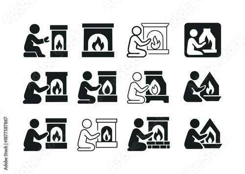 Cozy Fireplace Icons. People enjoying a warm fire in the fireplace. Icon set. Set Logo of people enjoying a warm fire in the fireplace: person warming hands.