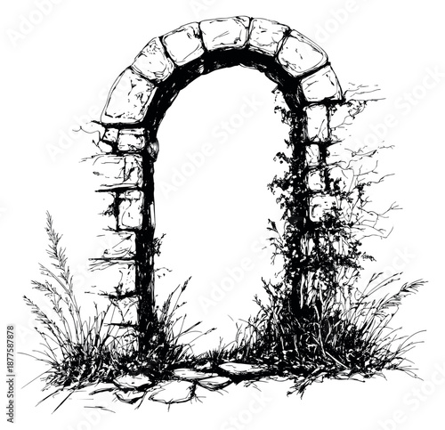 Hand drawn line art illustration of a stone archway depicting an overgrown entrance for fantasy and historical designs