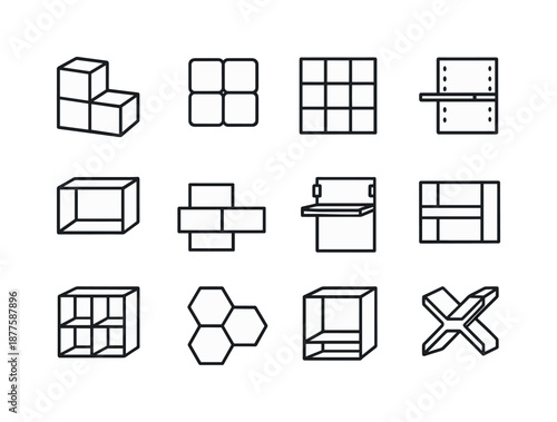Modular Shelving Icons. Modular shelving. Line icon set of Modular shelving: stackable cubes, interlocking panels, modular grid, adjustable shelf, wall module,