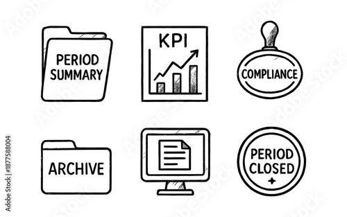 Hand drawn business folder and compliance icon set for performance tracking