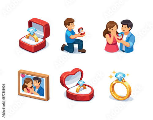 Isometric Engagement Icons. Engagement Icons. Isometric flat vector icons set of Engagement Icons: diamond ring in box, proposal on one knee, couple with ring