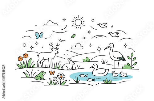 Nature's Quiet Revival. Nature revival. Animals and plants returning to a quiet field scene. Balance and life coming back, abstract shapes and gentle motion