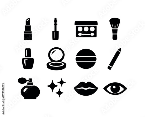 Makeup Icon Set. Makeup essentials. Solid icon set of makeup essentials: lipstick, mascara wand, eyeshadow palette, blush brush, nail polish, compact mirror,