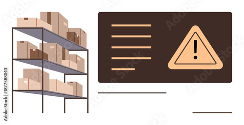 Workplace safety, supply chain, logistics, storage organization, risk management, industrial planning. Shelves filled with boxes next to a warning sign. Workplace safety and supply chain