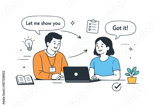 Guided Onboarding Support. Mentorship during onboarding. Experienced colleague supporting a newcomer, friendly interaction and trust. Simple arrows and