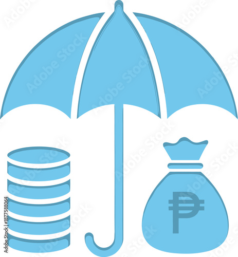 Umbrella protecting money savings coins and currency bag symbolizing financial insurance security investment safety concept flat vector illustration