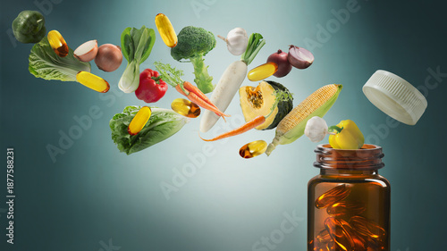 Tablou pe pânză “Healthy vitamins, fresh vegetables, and dietary supplements are displayed on a blue background, emphasizing the health benefits and a balanced lifestyle