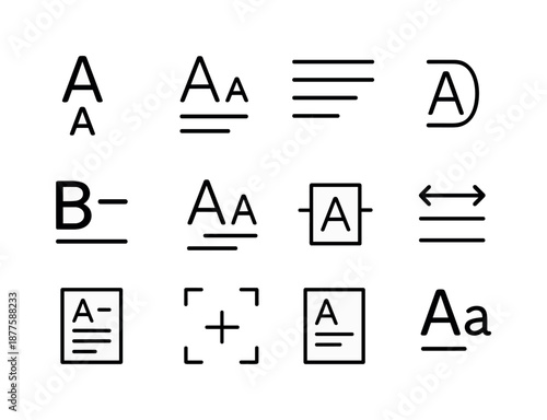 Typography Icon Set. Lettering hierarchy. Line icon set of Lettering hierarchy: title font, subtitle text, body text, bold header, font size scale, emphasis