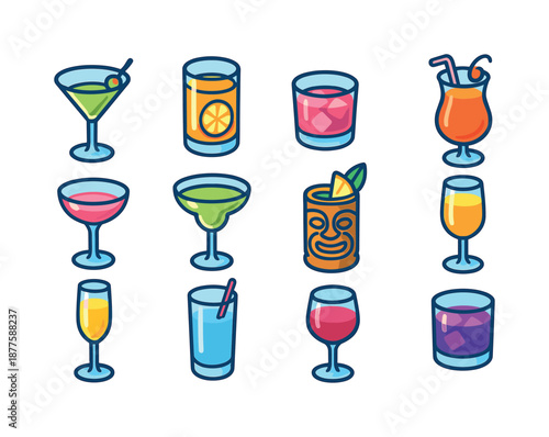 Colorful Cocktail Glasses Icons. Cocktail glasses. Colorful isometric vector icons set of Cocktail glasses: martini glass, highball glass, lowball glass,