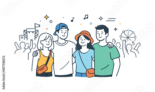 Festival Friends. Friends at music festival crowd. Small group standing close within a larger audience, calm smiles and relaxed body language. Sense of