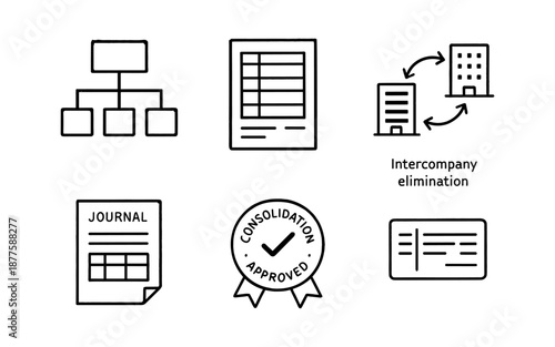 Linear finance icons: intercompany elimination and consolidation concepts