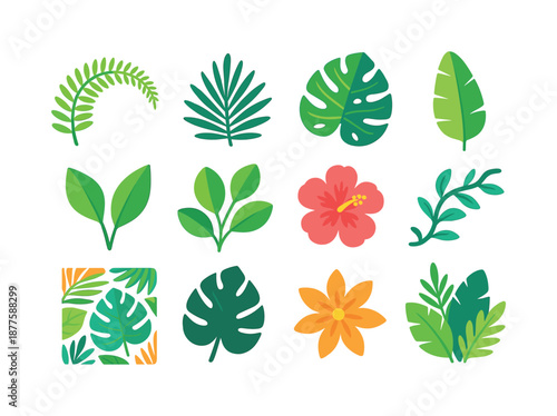 Tropical Foliage Icons. Tropical foliage. Colorful flat vector icons set of tropical foliage: fern arches, palm fronds, monstera leaves, banana leaves,