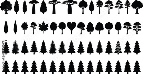 Tree silhouette collection with deciduous and pine shapes forest icons set isolated on white background nature vector illustration