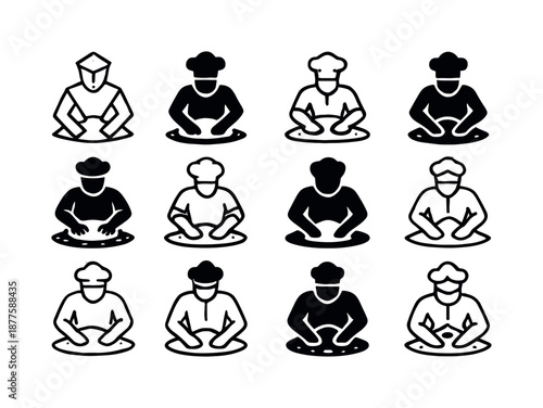 Baker Icon Logos. A baker kneading dough by hand on a flour-covered surface. Icon set. Set Logo of a baker kneading dough by hand on a flour-covered surface: