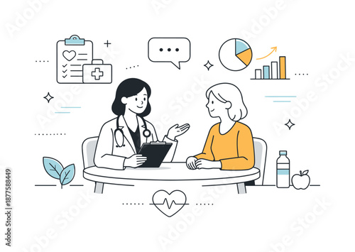 Trustful Healthcare Consultation. Clean healthcare and wellbeing. A healthcare professional calmly consulting a patient with simple charts and icons nearby.