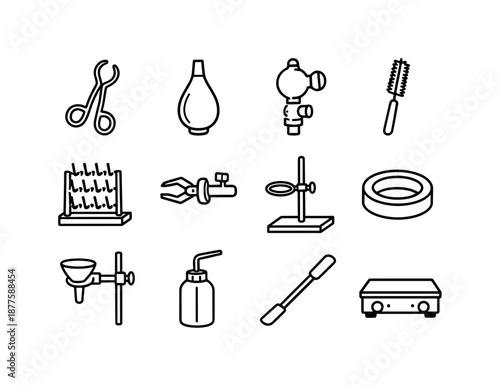 Glassware Tool Icons. Glassware Handling Tools. Line icon set of Glassware Handling Tools: tongs, rubber bulb, pipette filler, brush cleaner, drying rack,