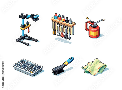 Bicycle Workshop Essentials. Workshop Setup. Isometric flat vector icons set of Fixing a Bicycle: work stand, tool rack, oil can, parts tray, cleaning brush,