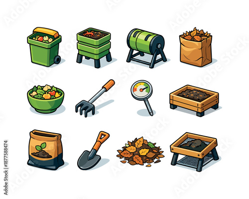 Urban Composting Icons. Urban composting. Colorful isometric vector icons set of urban composting: kitchen scraps bin, worm farm, compost tumbler, brown