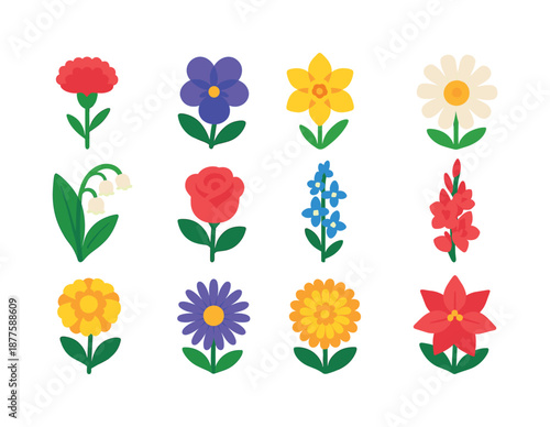 Bright Birth Flower Icons. Birth flowers. Colorful flat vector icons set of birth flowers: carnation, violet, daffodil, daisy, lily of the valley, rose,