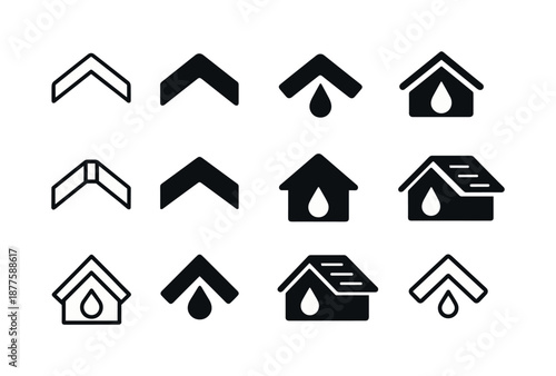 Roof Leak Icons. Fixing roof leaks. Icon set. Set Logo of Fixing roof leaks: Roof ridge cap: Symmetrical form, Abstract geometric, Minimal outline, Filled