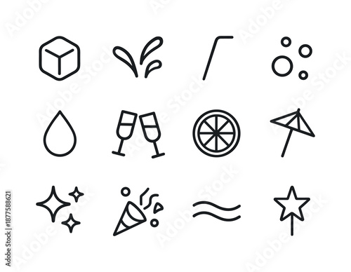 Party Drink Icons. Party drinks. Line icon set of symbolic drink elements: ice cube, liquid splash, straw icon, bubbles icon, drink drop, glass clink symbol,